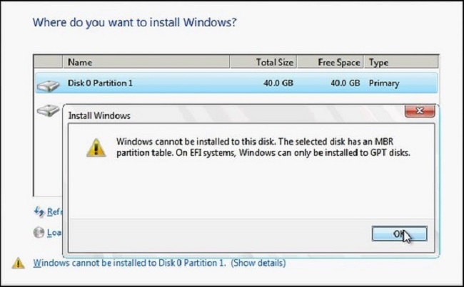 Windows Cannot Be Installed To This Disk GPT